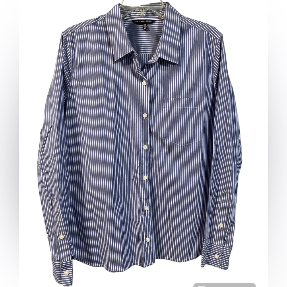 NWOT Victoria's Secret Blue and White Striped Button Down Shirt Size Large
